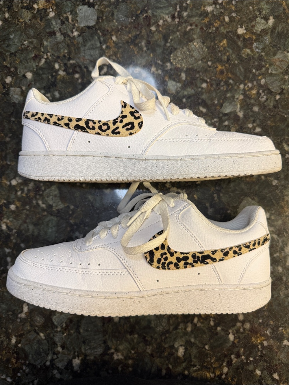 Nike Ladies sz 8.5 White Sneakers with Leopard Print Swoosh